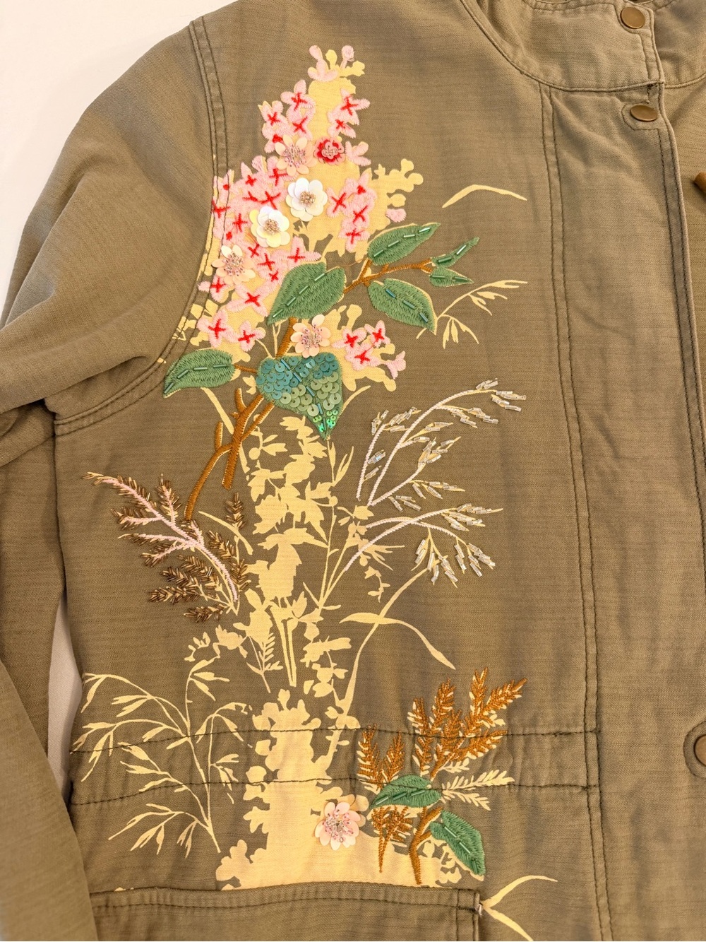 Anthropologie Olive Green Embroidered Beaded  Floral Utility Shacket Size XL - Picture 2 of 15